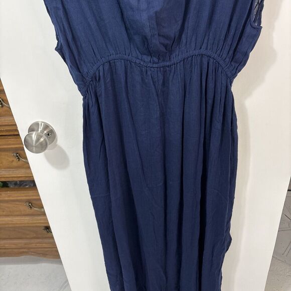 Boho Navy Blue Floral Print Maxi Crossover Neck Dress Rayon Smocked Waist Medium - Picture 8 of 10